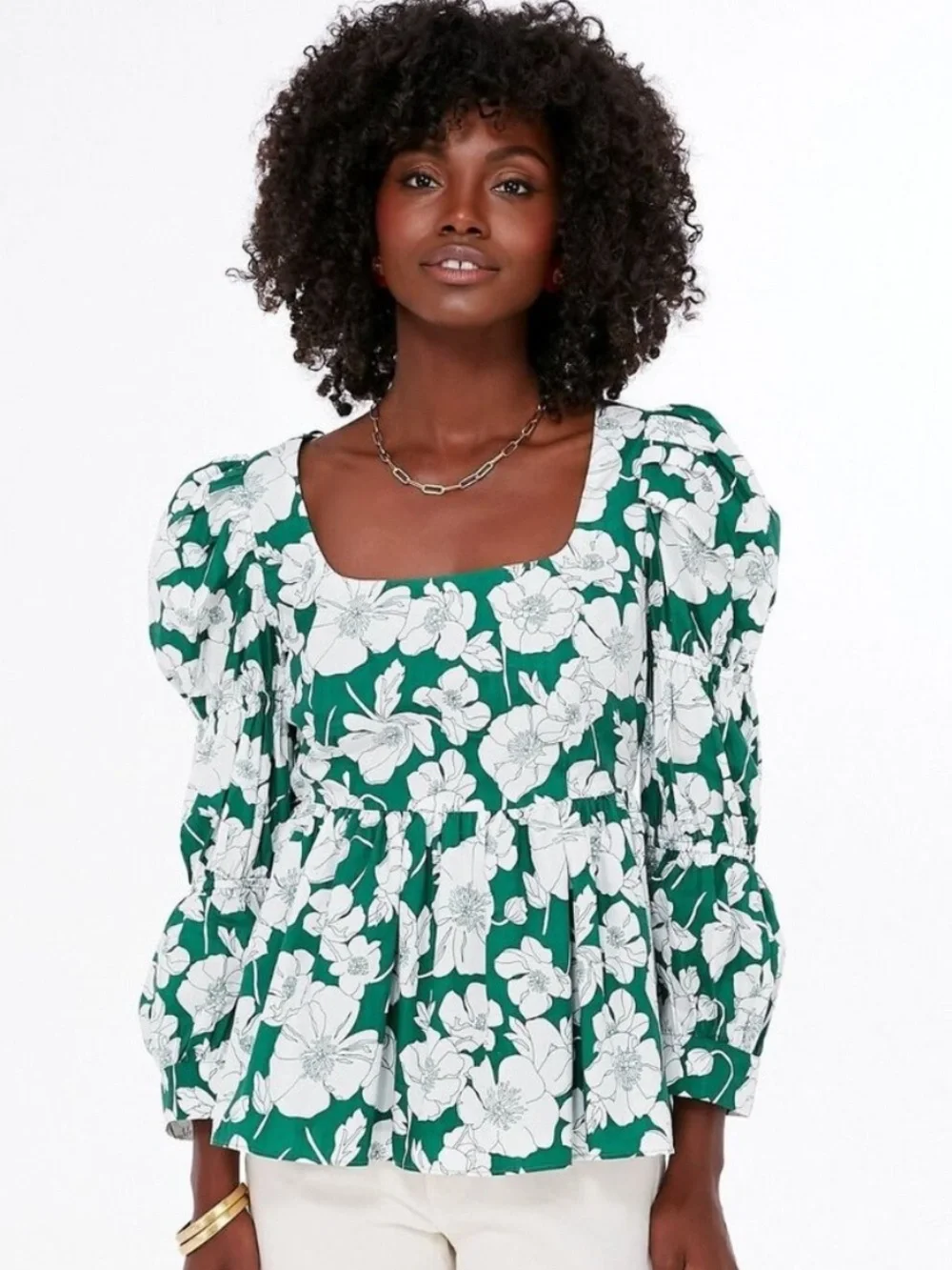 Tuckernuck Hyacinth House Green Floral Clemons Cotton Peplum Top Sz M 💛🎀